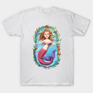 Pink-Tailed Mermaid and her Seaweed Circle T-Shirt